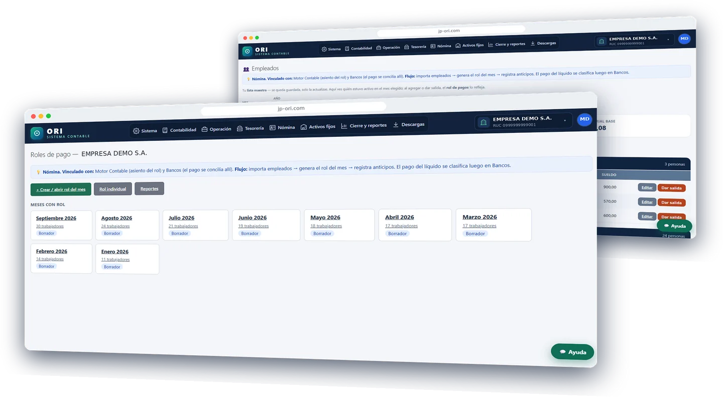 Roles de pago en ORI con datos de ejemplo