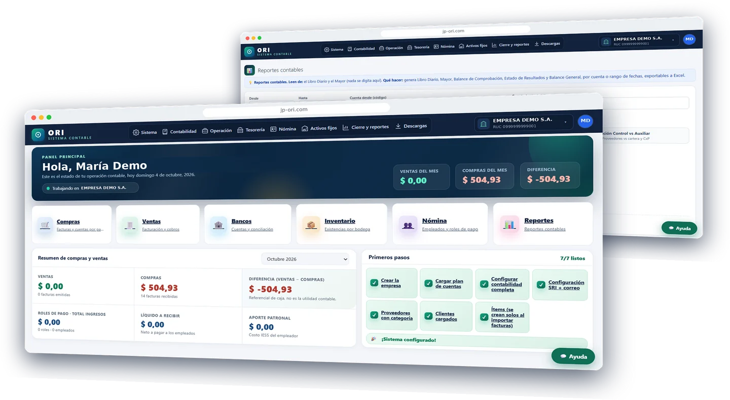 Panel principal del sistema contable ORI con datos de ejemplo